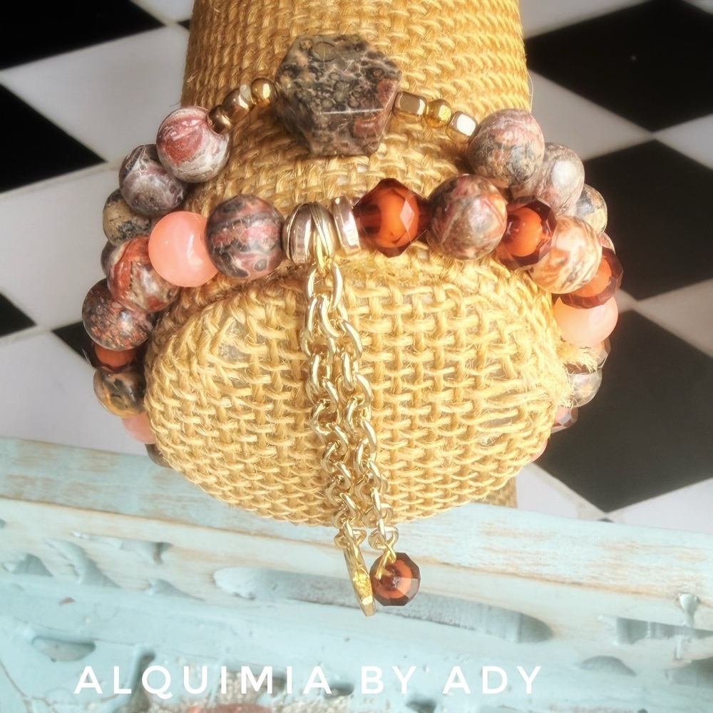 Ocean jasper Pink, Peach and Gold Layered Beaded  Bracelet stack